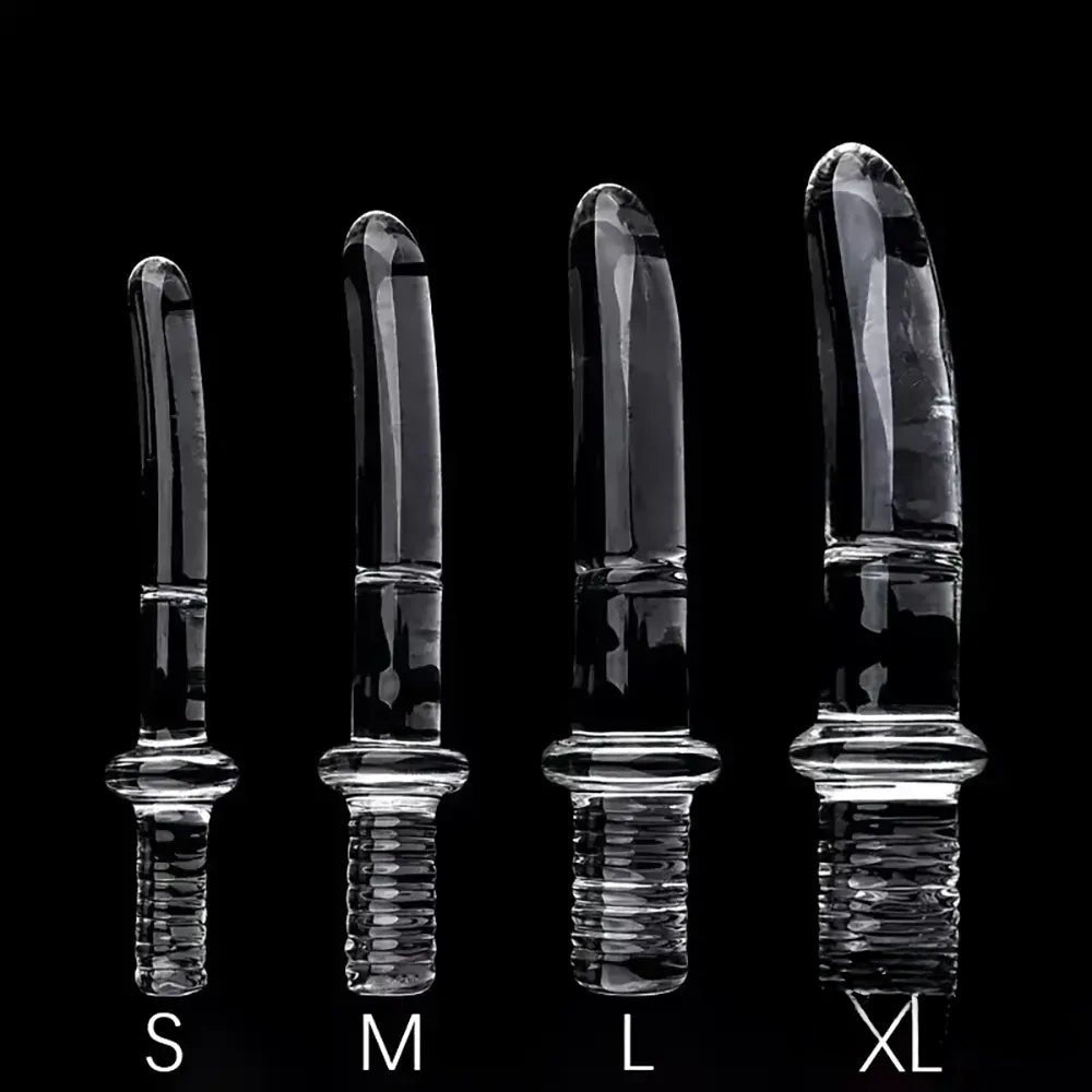 Clear ribbed glass dildo with ring handle, photo 2
