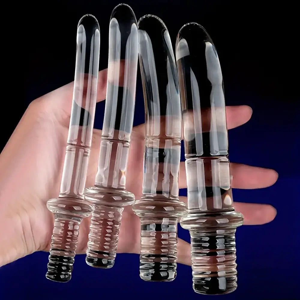 Clear ribbed glass dildo with ring handle, photo 3
