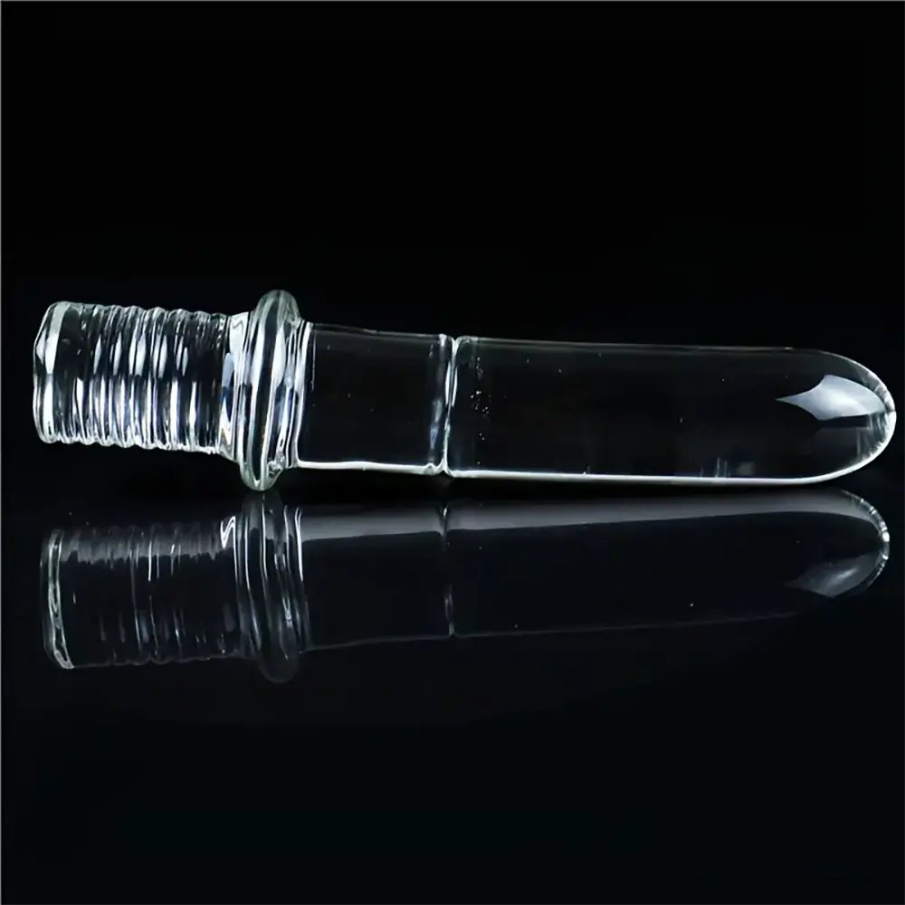 Clear ribbed glass dildo with ring handle, photo 4
