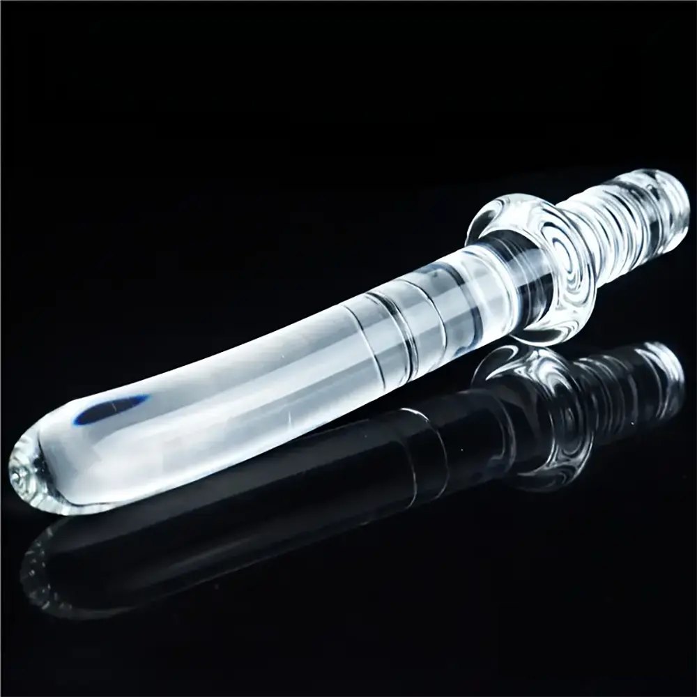 Clear ribbed glass dildo with ring handle, photo 5