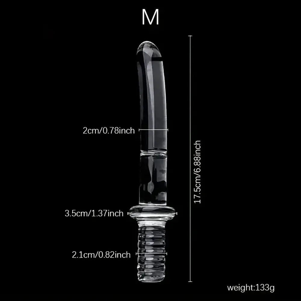 Clear ribbed glass dildo with ring handle, photo 6