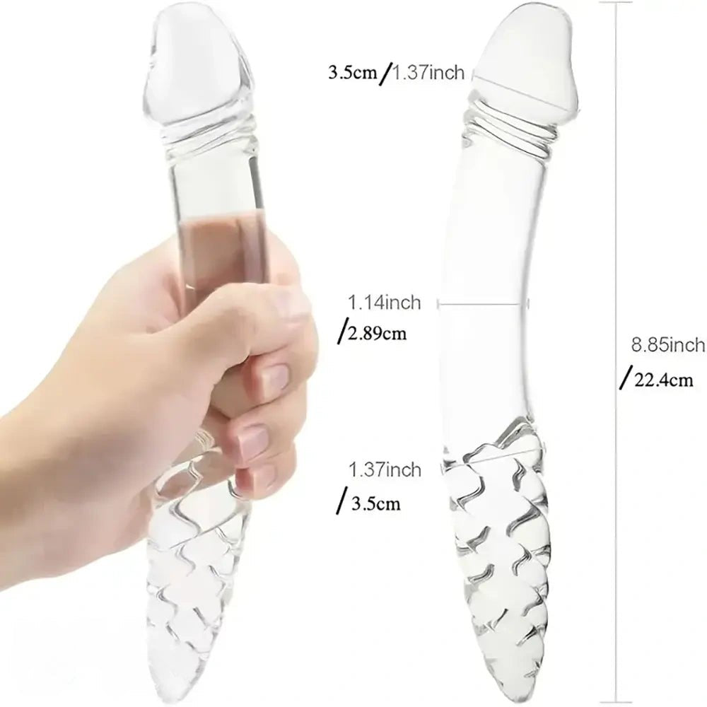 Clear ribbed glass double-ended dildo