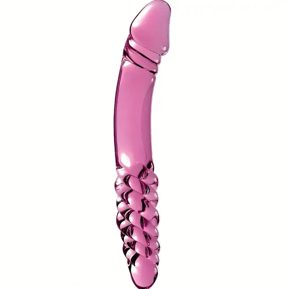 Pink ribbed glass double-ended dildo