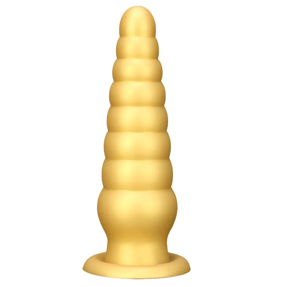 Gold ribbed beaded silicone anal plug, photo 1