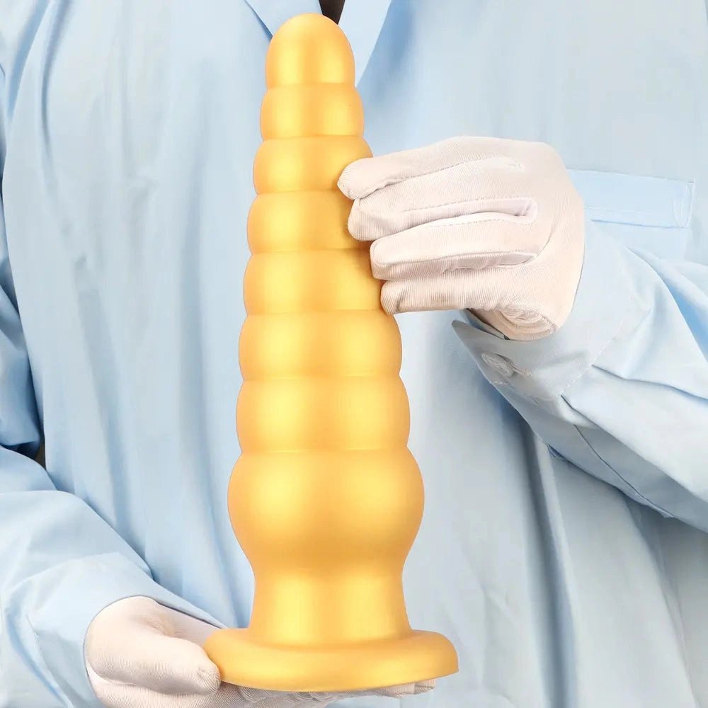 Gold ribbed beaded silicone anal plug, photo 12