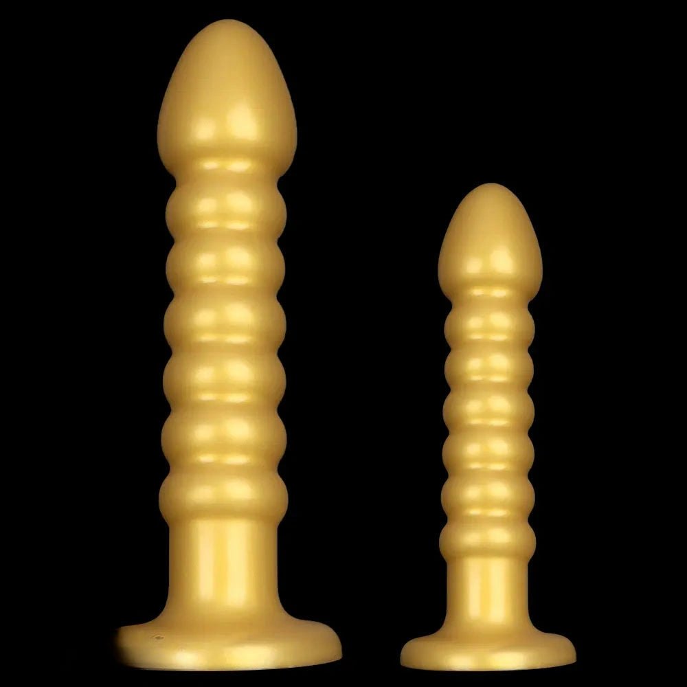 Ribbed gold silicone anal bead dildo with suction cup base, photo 1