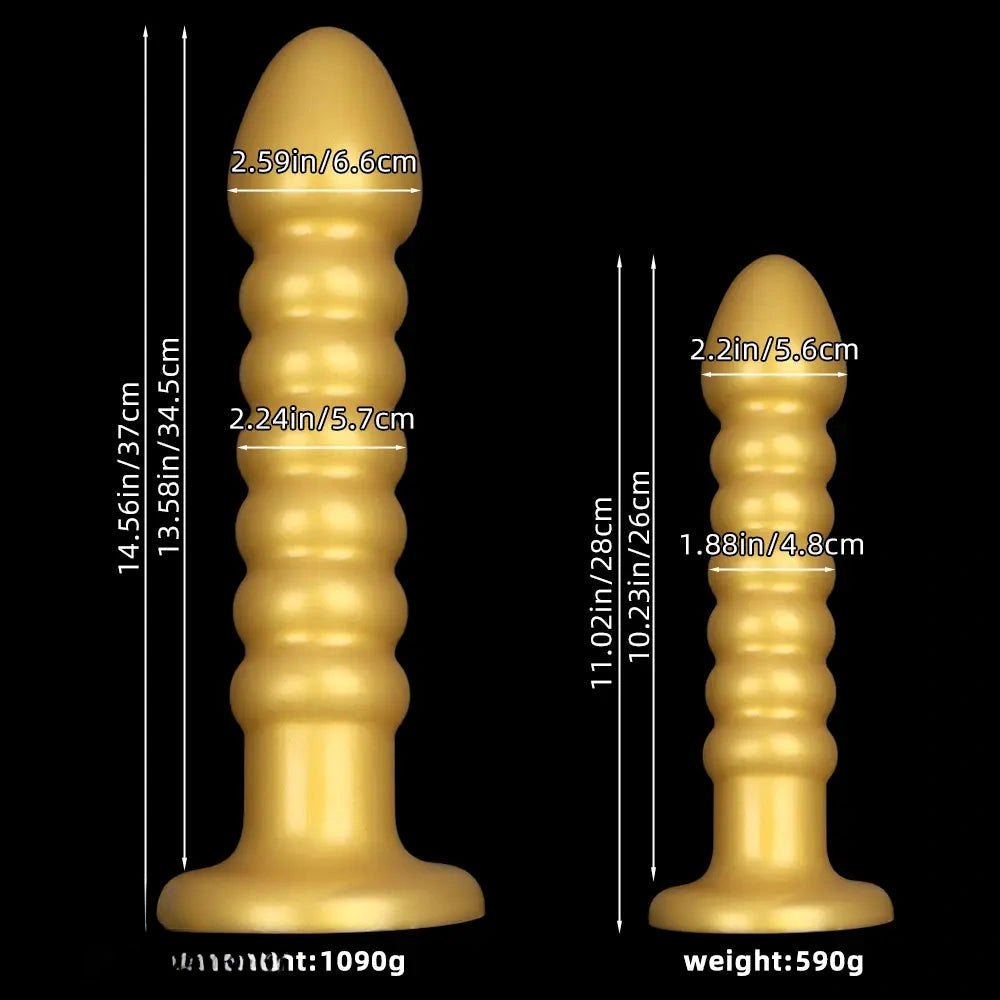 Ribbed gold silicone anal bead dildo with suction cup base, photo 10