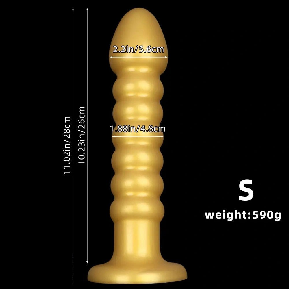 Ribbed gold silicone anal bead dildo with suction cup base, photo 11