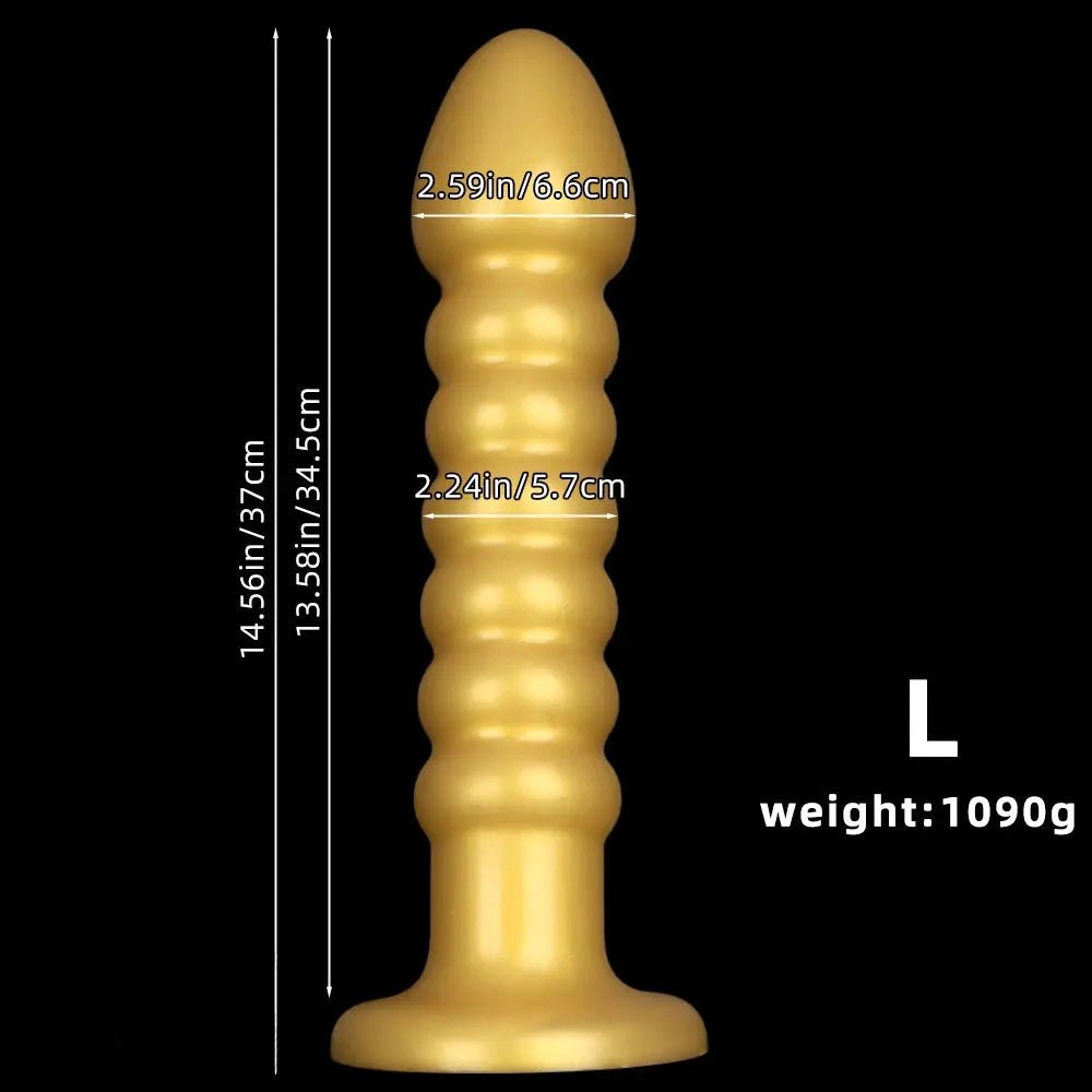 Ribbed gold silicone anal bead dildo with suction cup base, photo 12