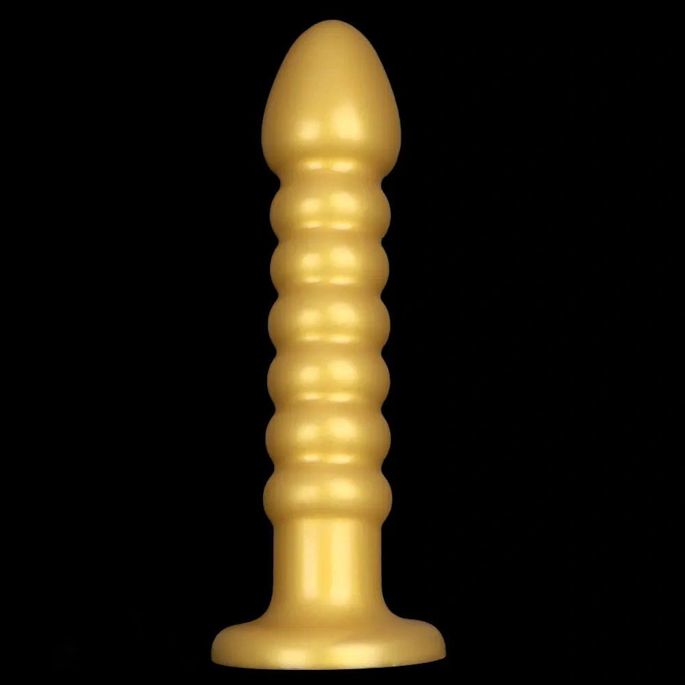 Ribbed gold silicone anal bead dildo with suction cup base, photo 14