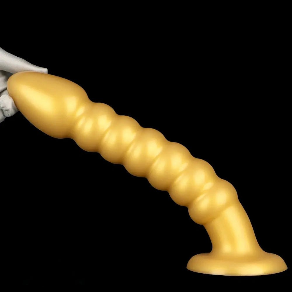 Ribbed gold silicone anal bead dildo with suction cup base, photo 15
