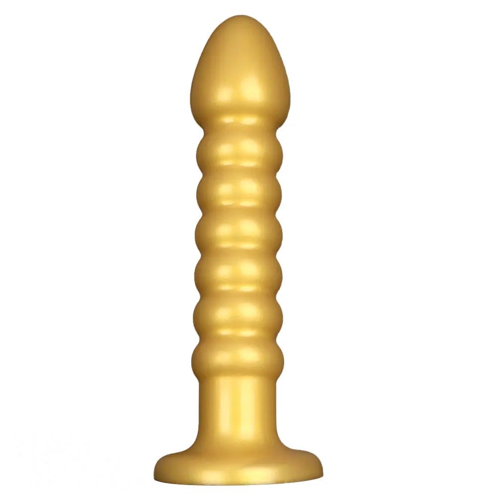 Ribbed gold silicone anal bead dildo with suction cup base, photo 2