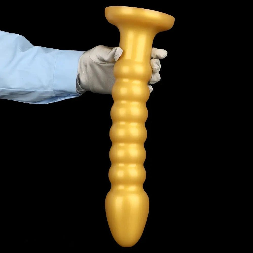 Ribbed gold silicone anal bead dildo with suction cup base, photo 3