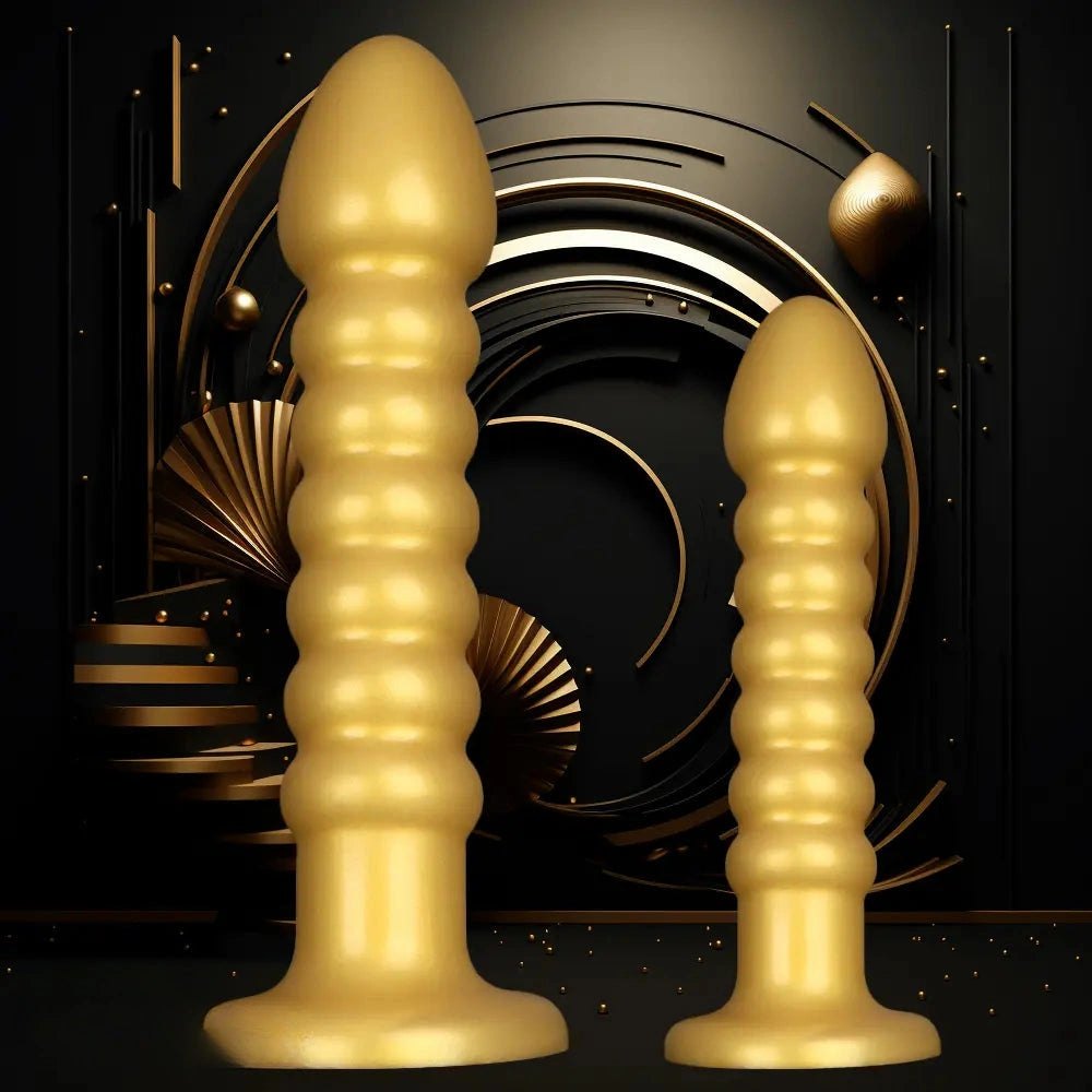 Ribbed gold silicone anal bead dildo with suction cup base, photo 4