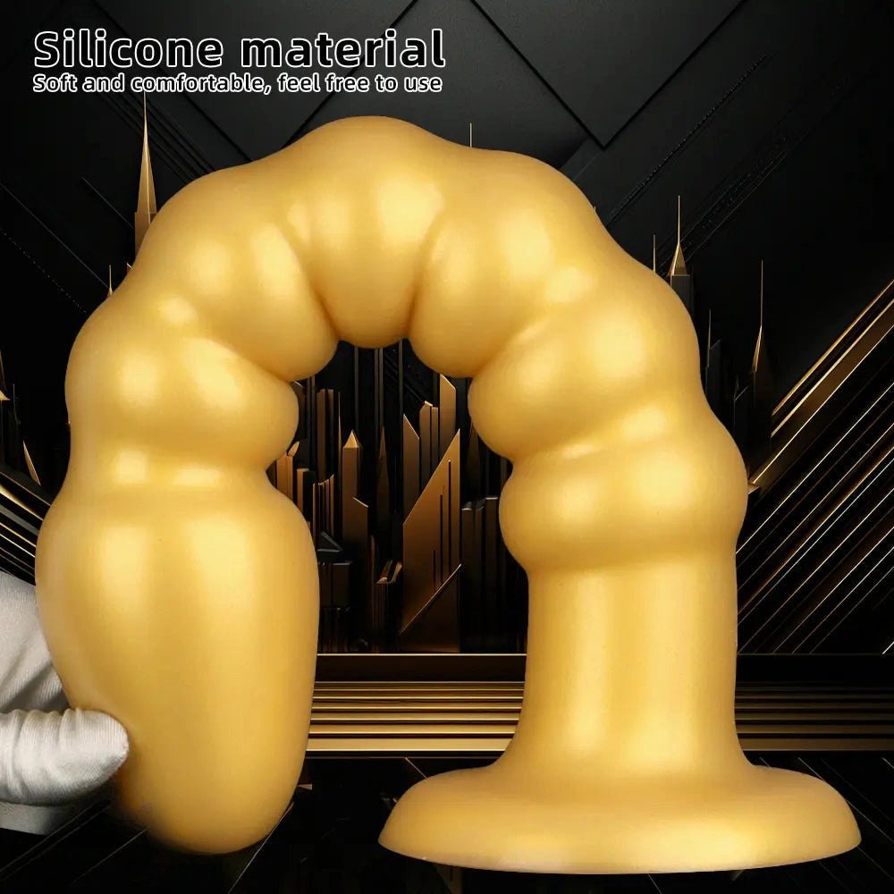 Ribbed gold silicone anal bead dildo with suction cup base, photo 5