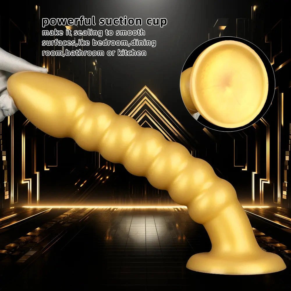 Ribbed gold silicone anal bead dildo with suction cup base, photo 6