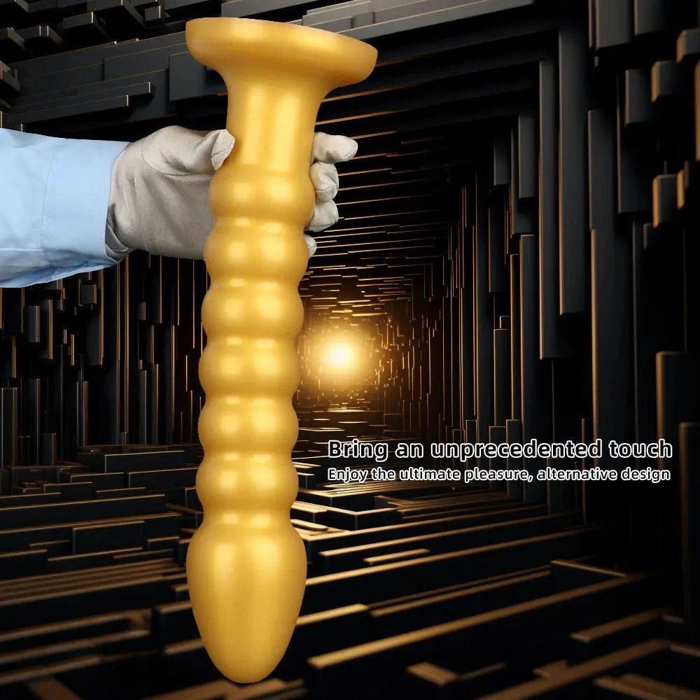 Ribbed gold silicone anal bead dildo with suction cup base, photo 7