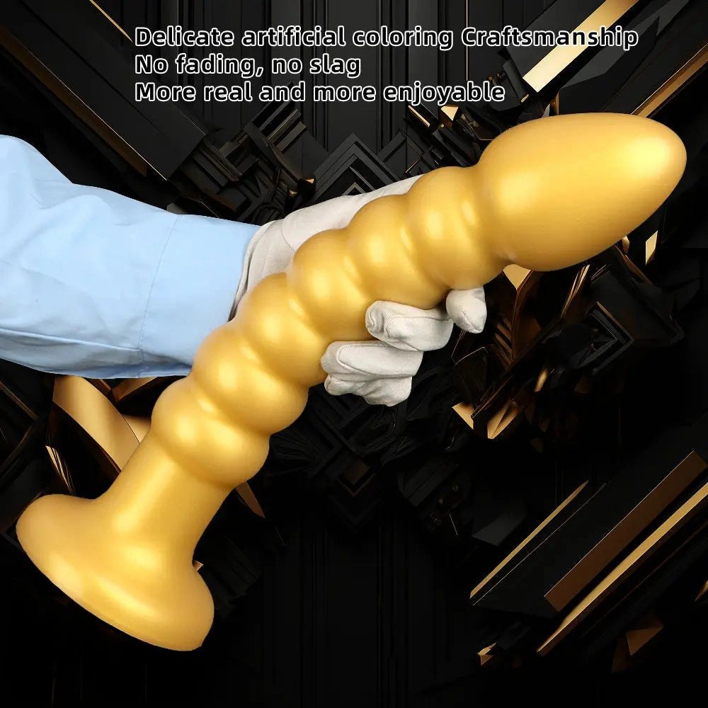 Ribbed gold silicone anal bead dildo with suction cup base, photo 8