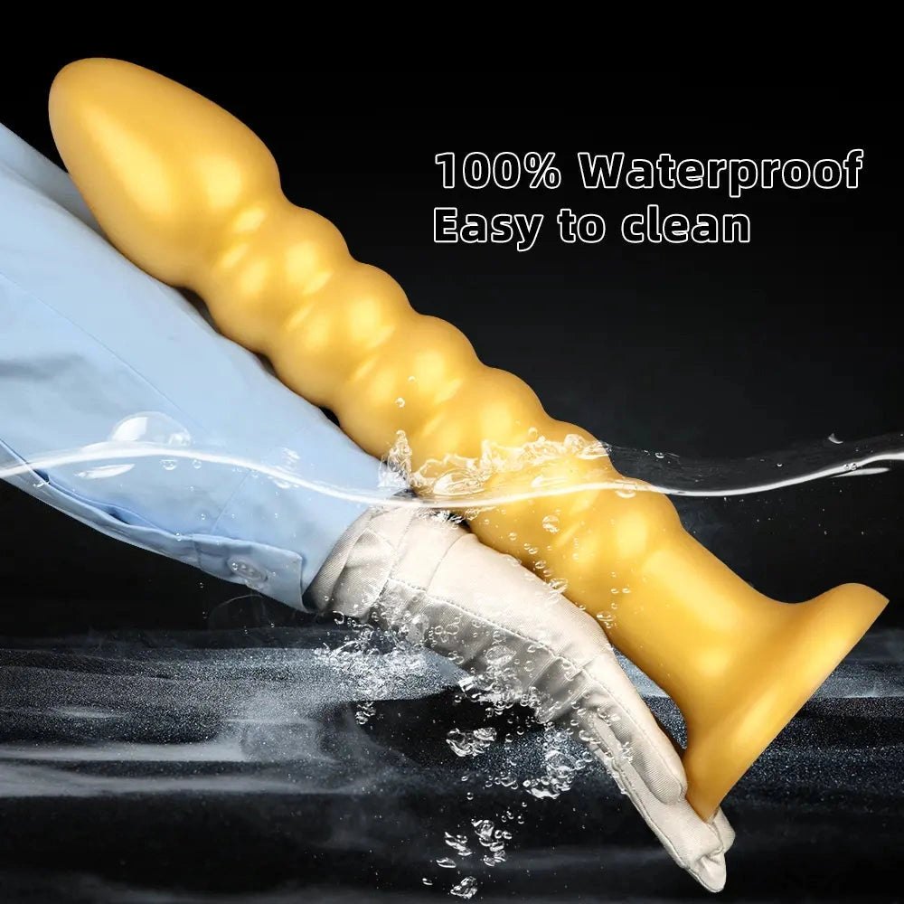 Ribbed gold silicone anal bead dildo with suction cup base, photo 9