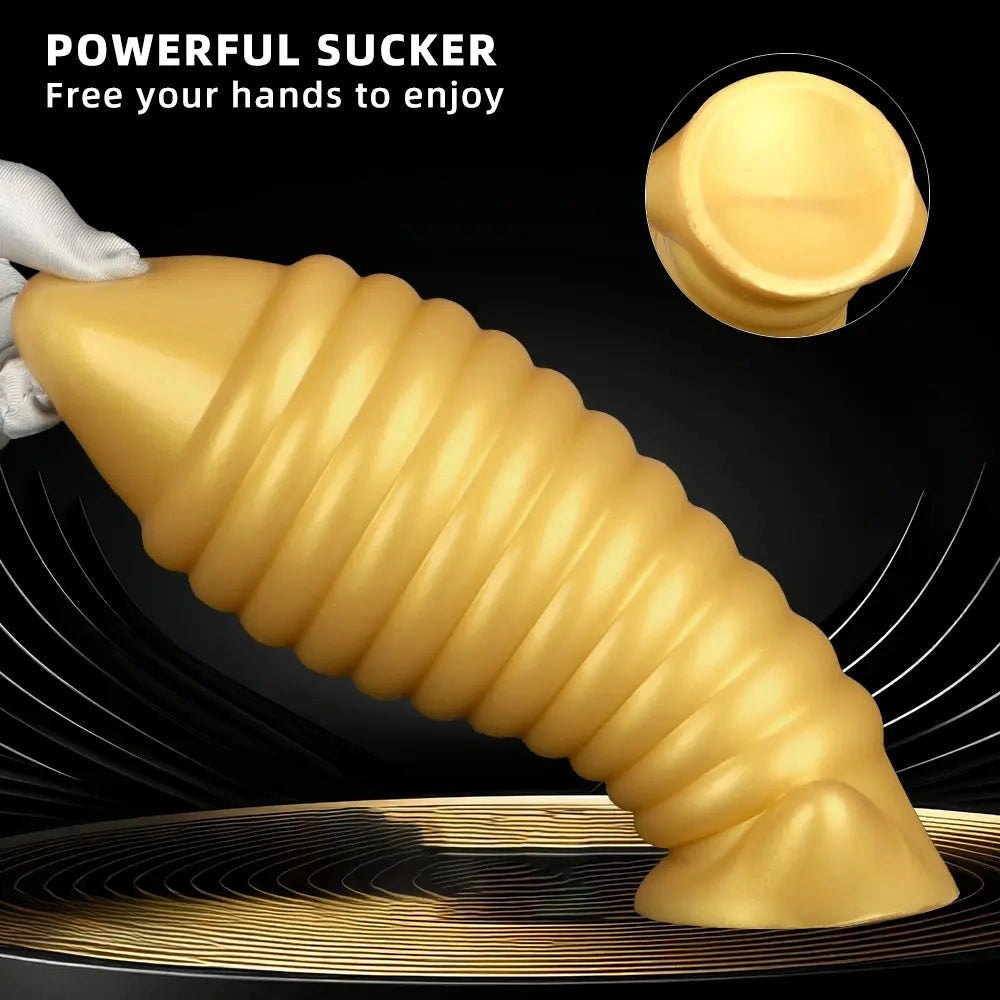 Gold ribbed silicone butt plug, photo 12