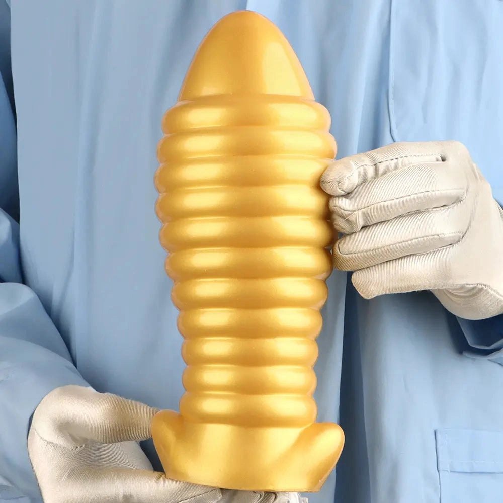 Gold ribbed silicone butt plug, photo 15