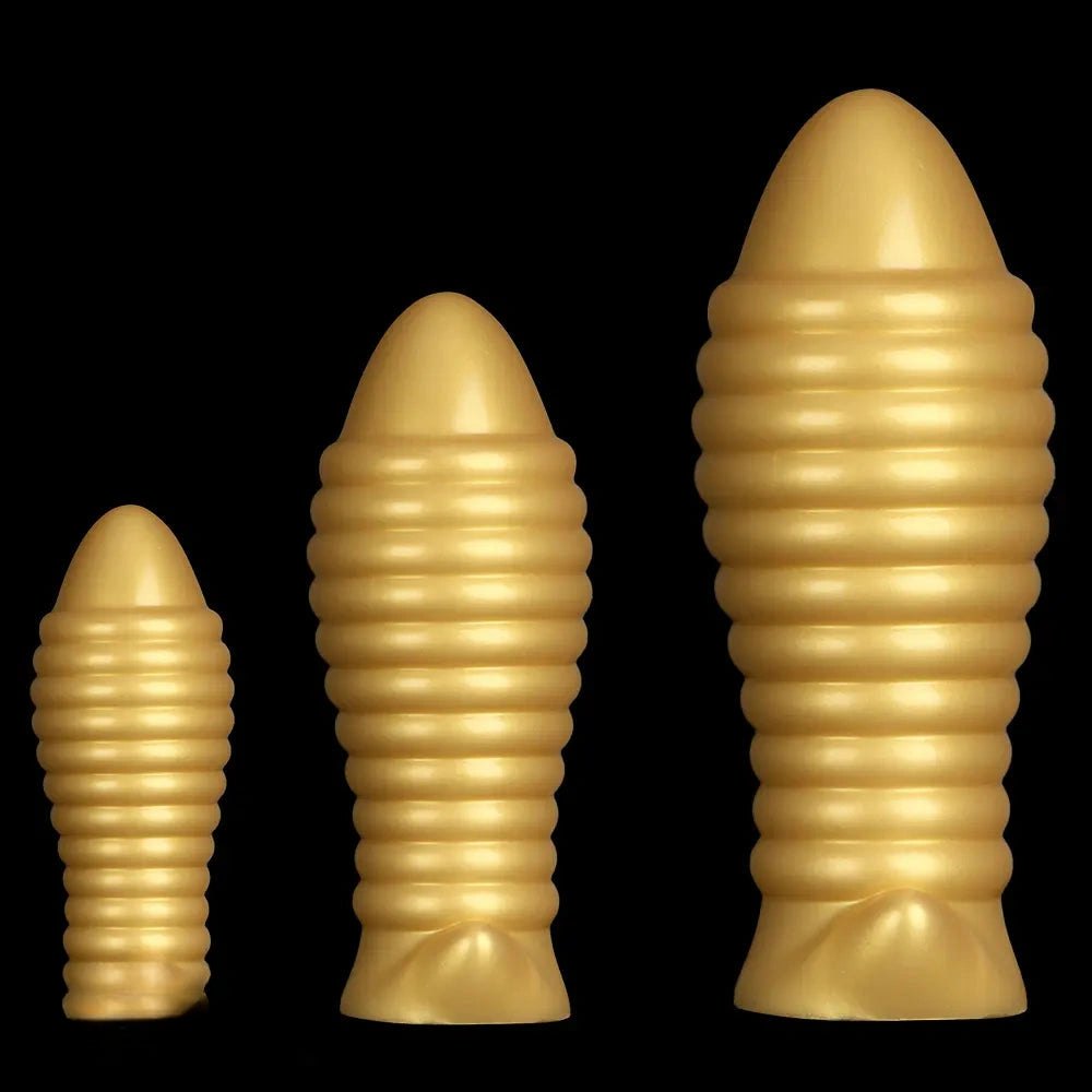 Gold ribbed silicone butt plug, photo 2