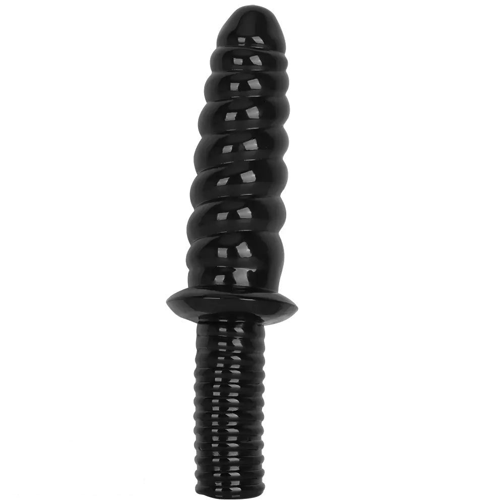 Black ribbed pvc dildo with grip handle, photo 1