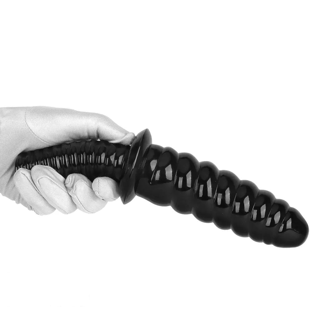 Black ribbed pvc dildo with grip handle, photo 10
