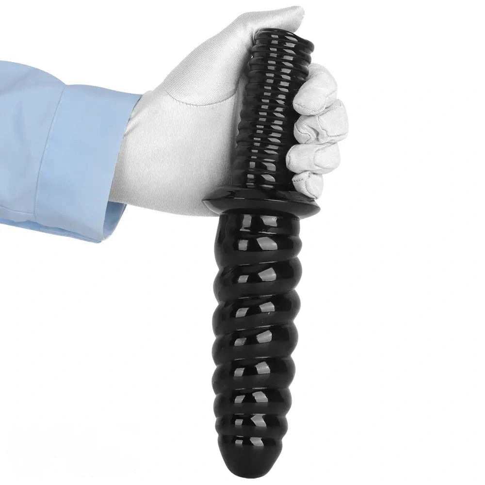 Black ribbed pvc dildo with grip handle, photo 11