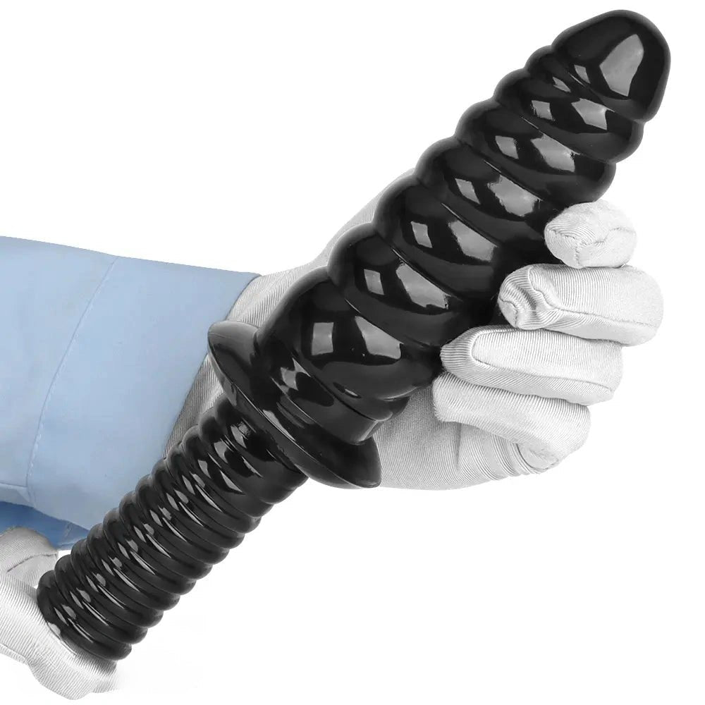 Black ribbed pvc dildo with grip handle, photo 12