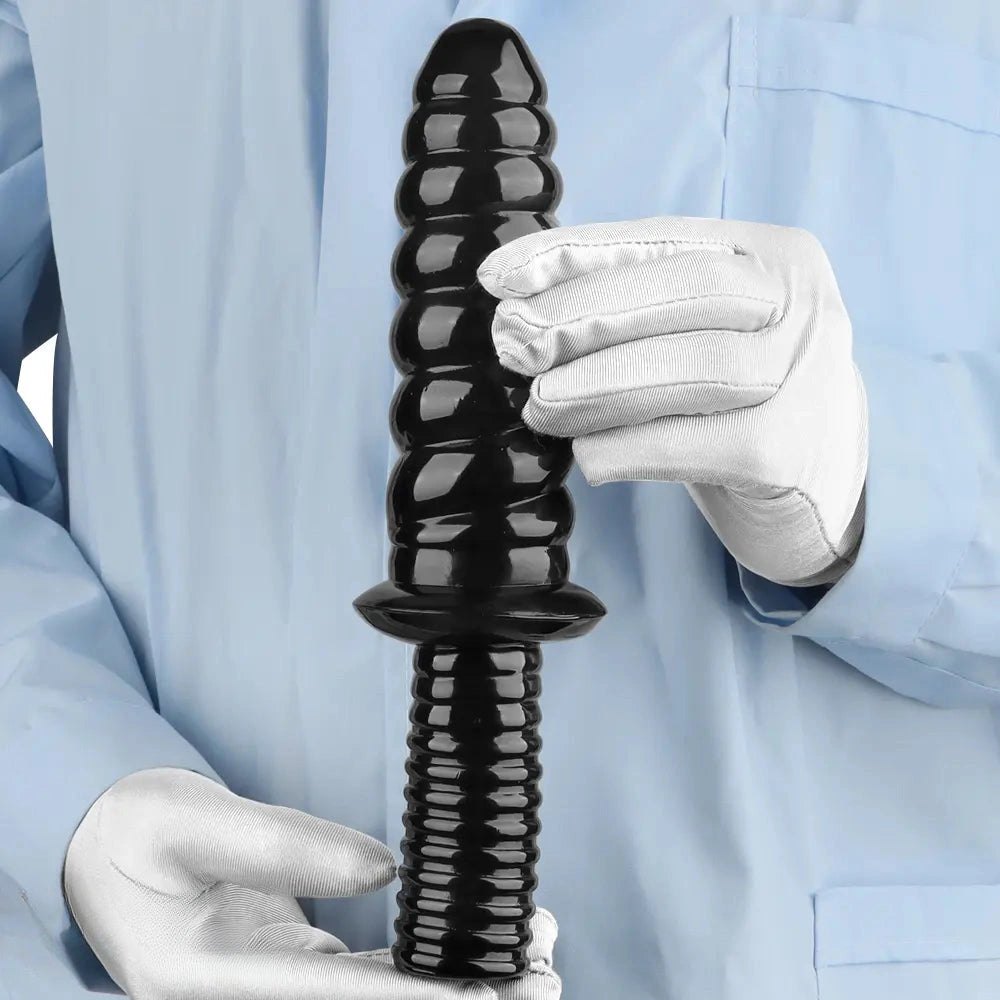 Black ribbed pvc dildo with grip handle, photo 13