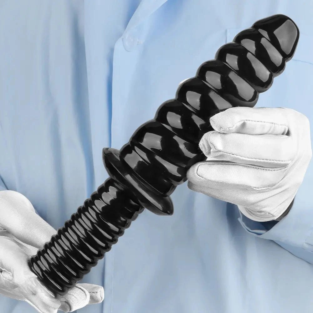 Black ribbed pvc dildo with grip handle, photo 14