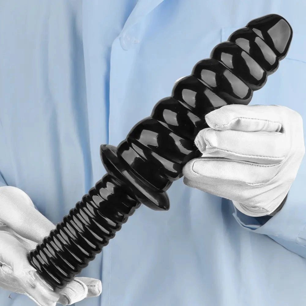 Black ribbed pvc dildo with grip handle, photo 15
