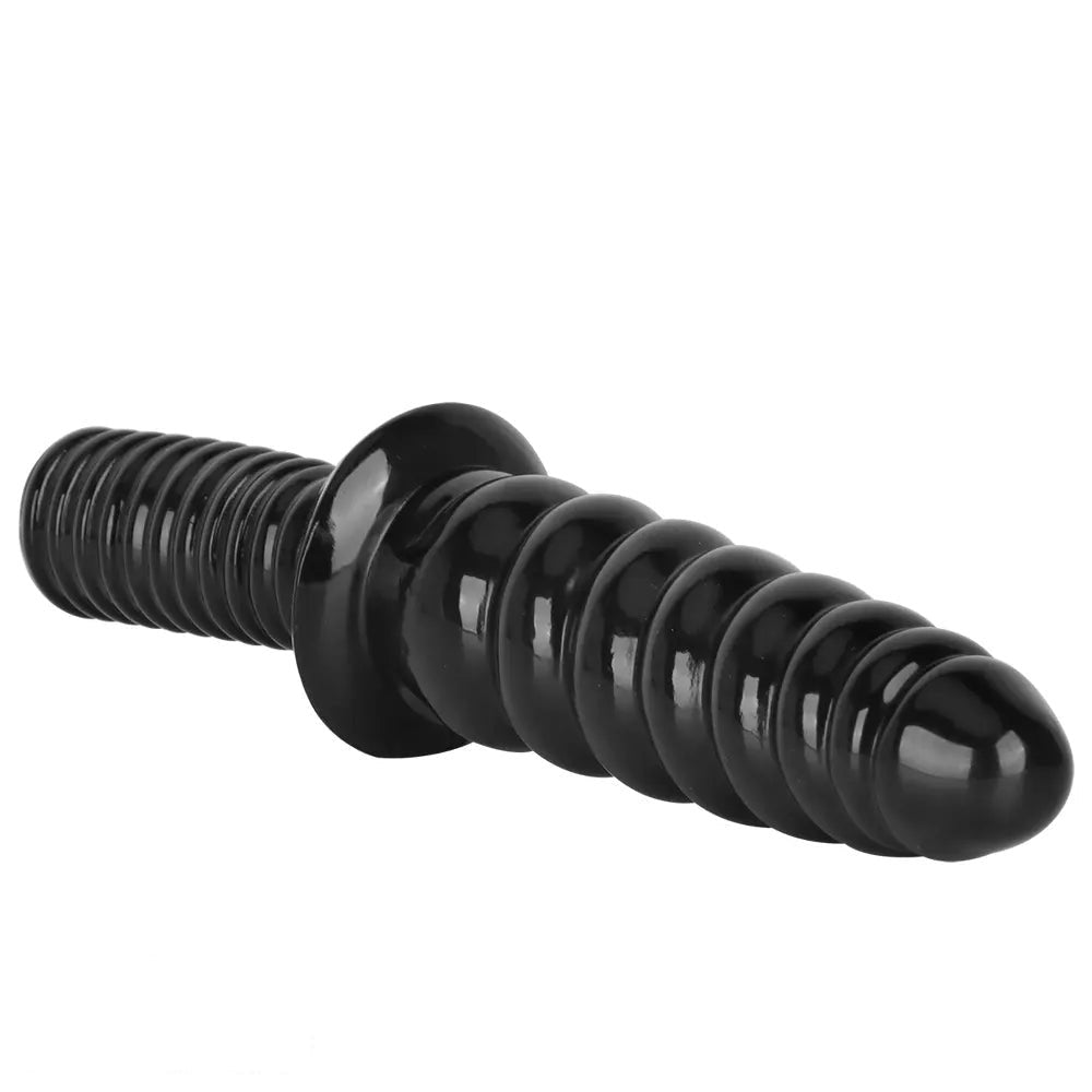 Black ribbed pvc dildo with grip handle, photo 2