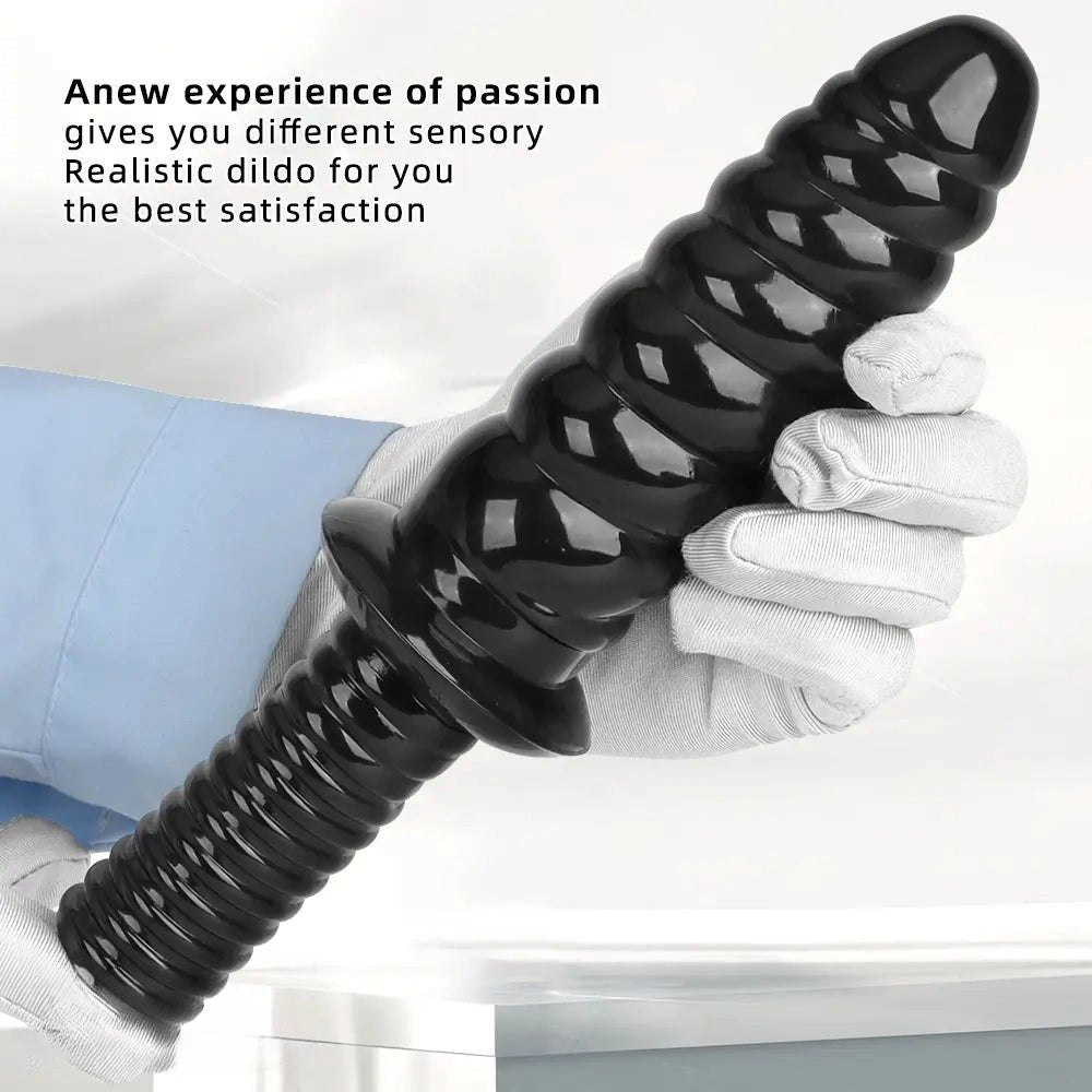 Black ribbed pvc dildo with grip handle, photo 3