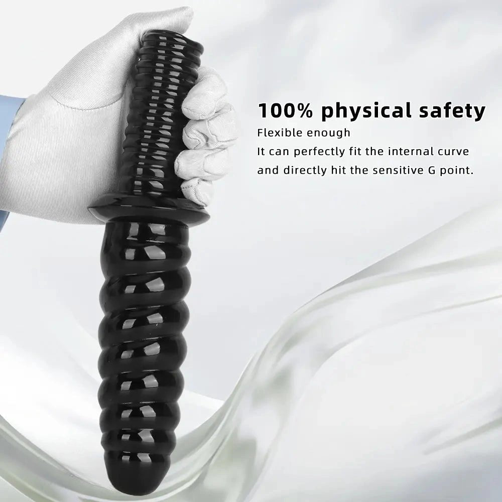 Black ribbed pvc dildo with grip handle, photo 4