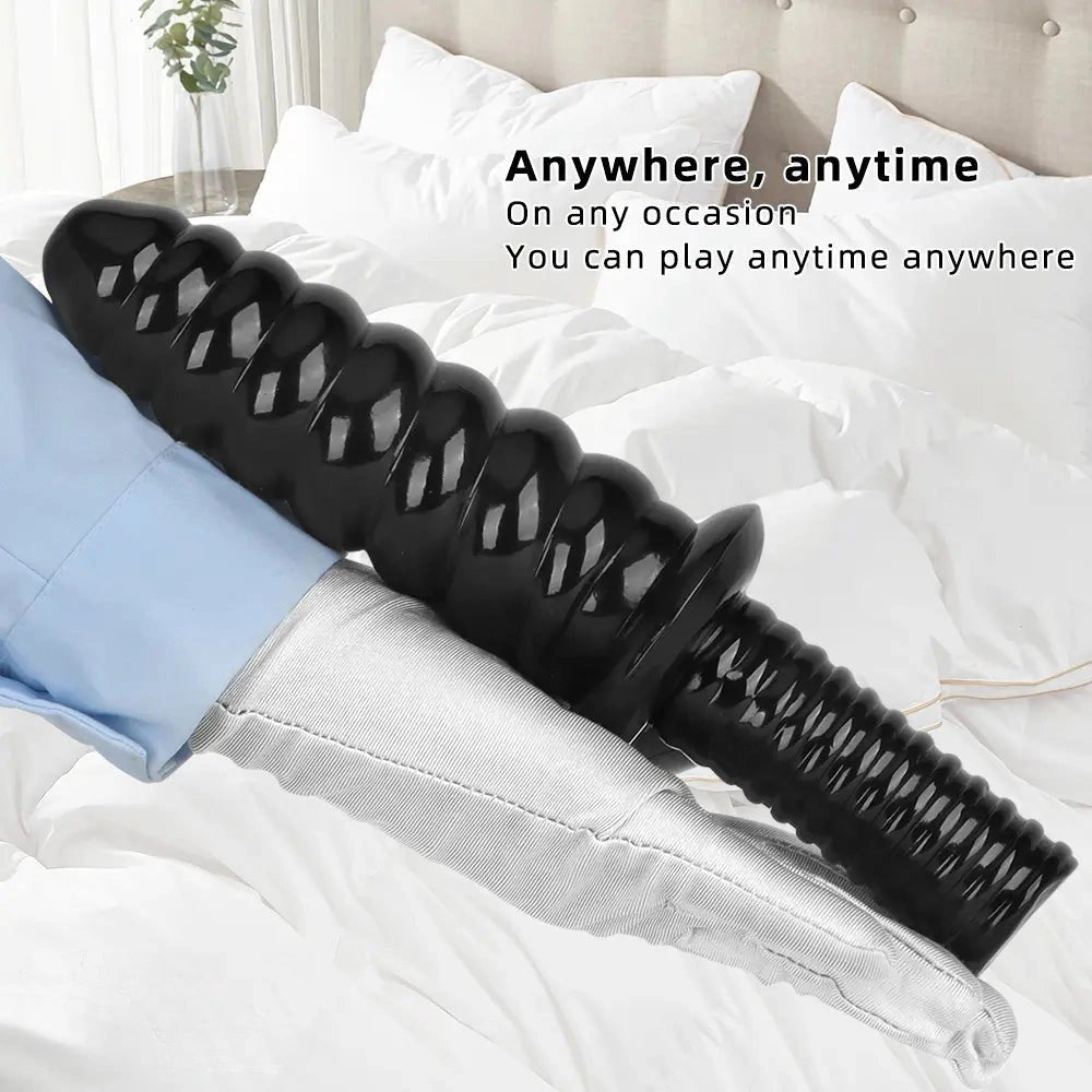 Black ribbed pvc dildo with grip handle, photo 5