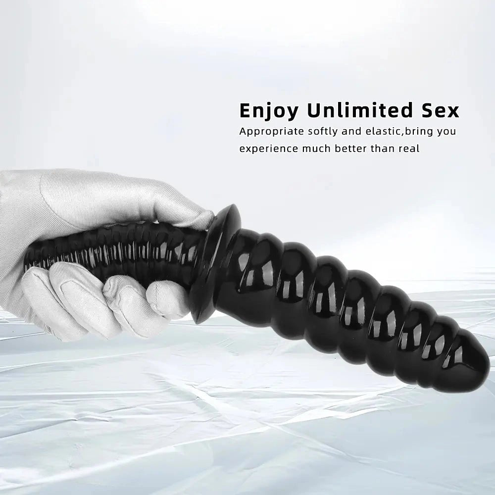 Black ribbed pvc dildo with grip handle, photo 6