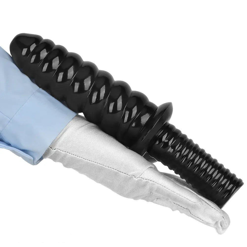 Black ribbed pvc dildo with grip handle, photo 9