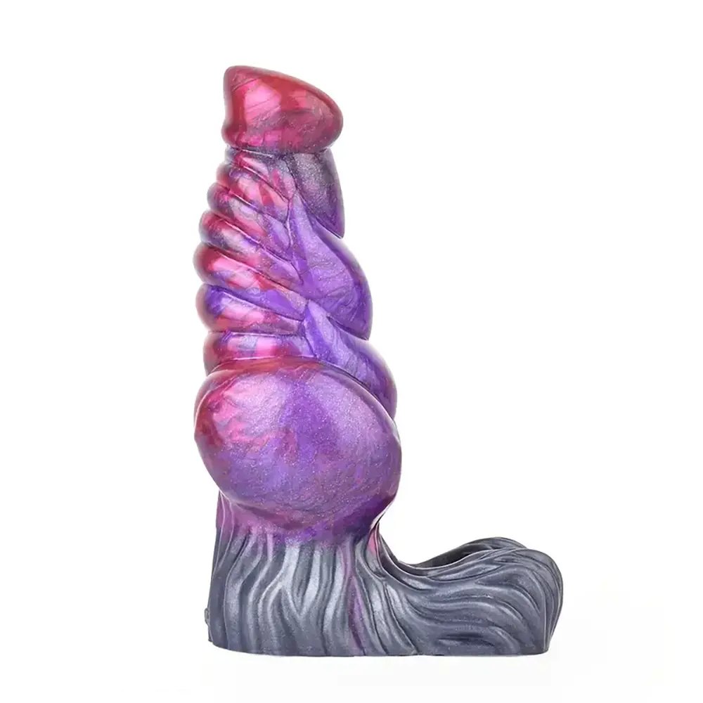 Purple and grey ribbed fantasy silicone dildo, photo 1