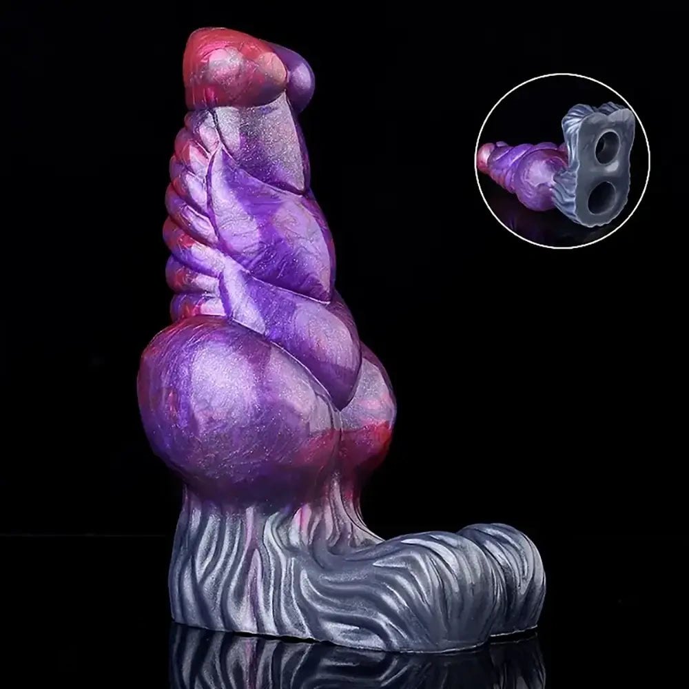 Purple and grey ribbed fantasy silicone dildo, photo 11