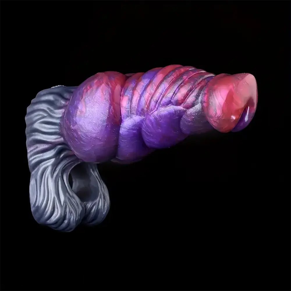 Purple and grey ribbed fantasy silicone dildo, photo 2