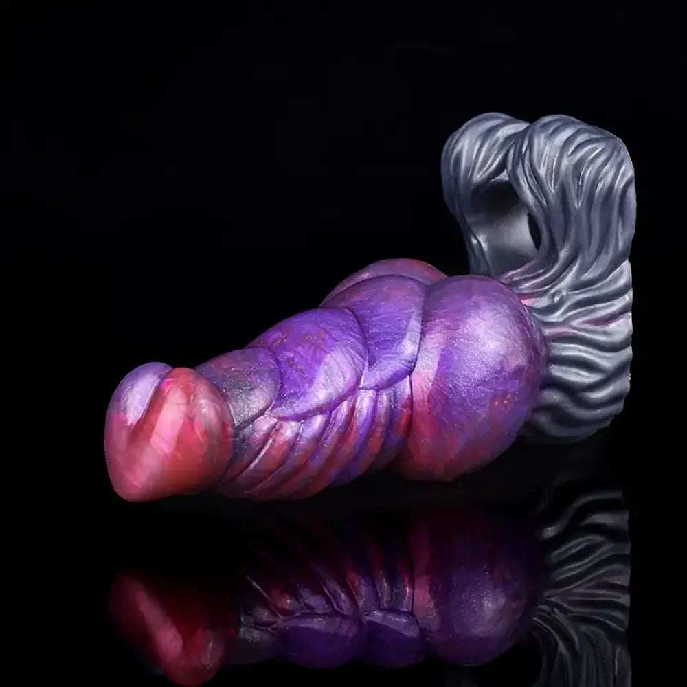 Purple and grey ribbed fantasy silicone dildo, photo 3
