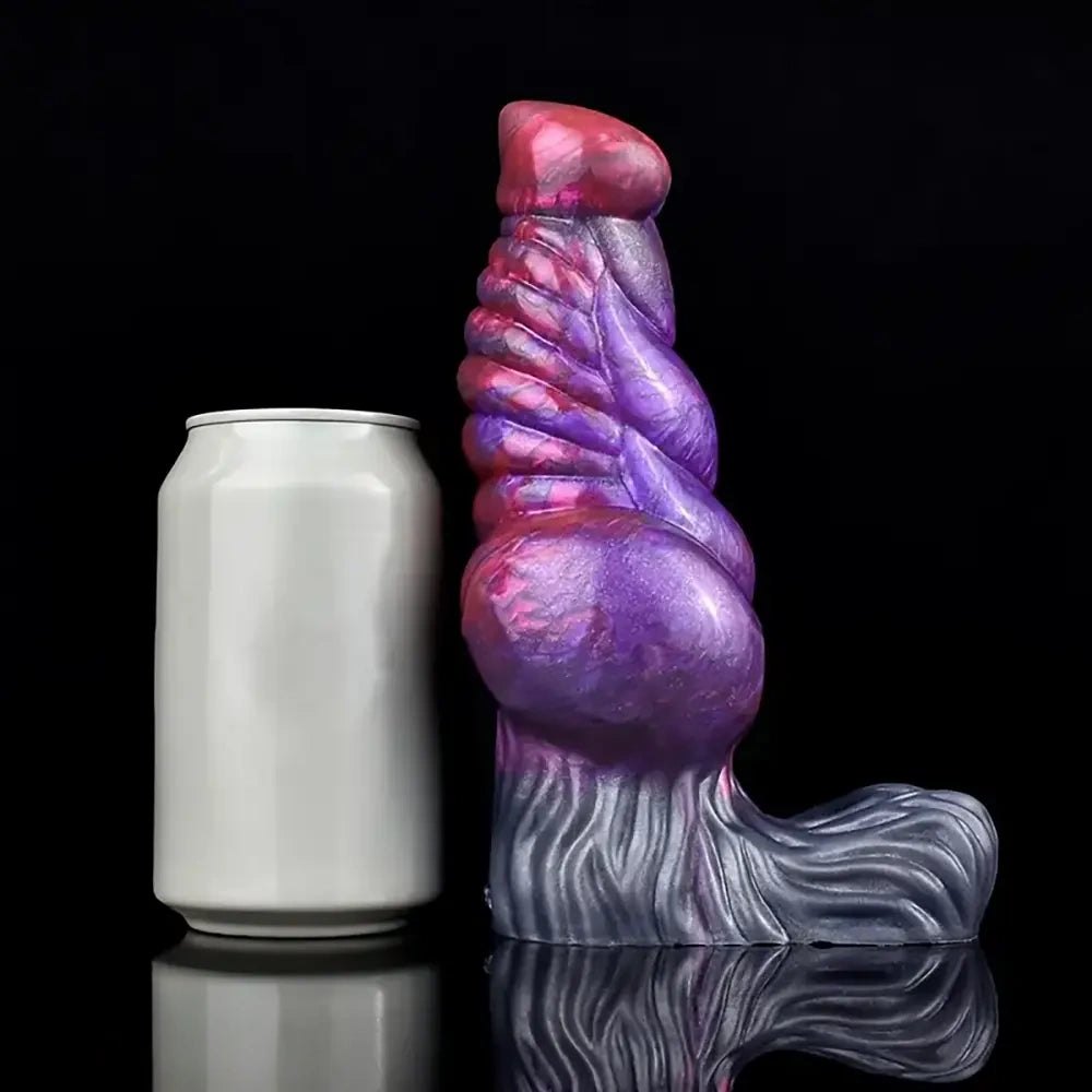 Purple and grey ribbed fantasy silicone dildo, photo 4