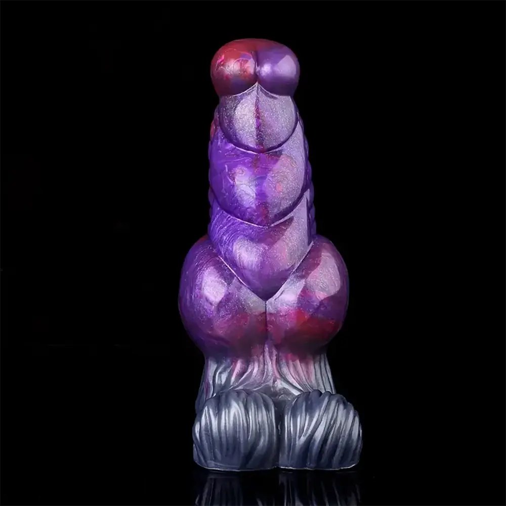 Purple and grey ribbed fantasy silicone dildo, photo 5