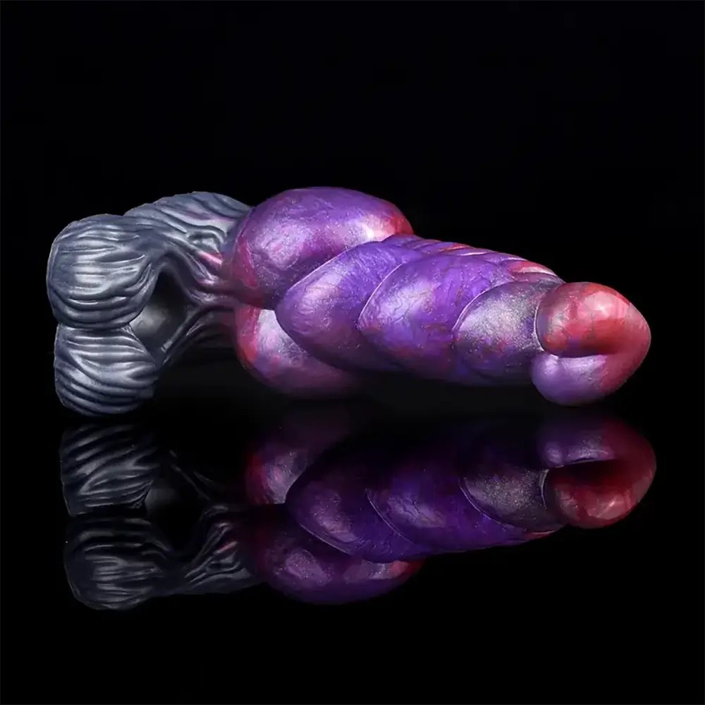 Purple and grey ribbed fantasy silicone dildo, photo 6