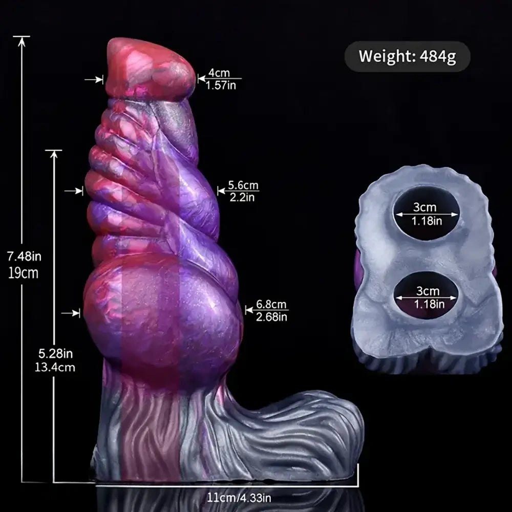 Purple and grey ribbed fantasy silicone dildo, photo 7