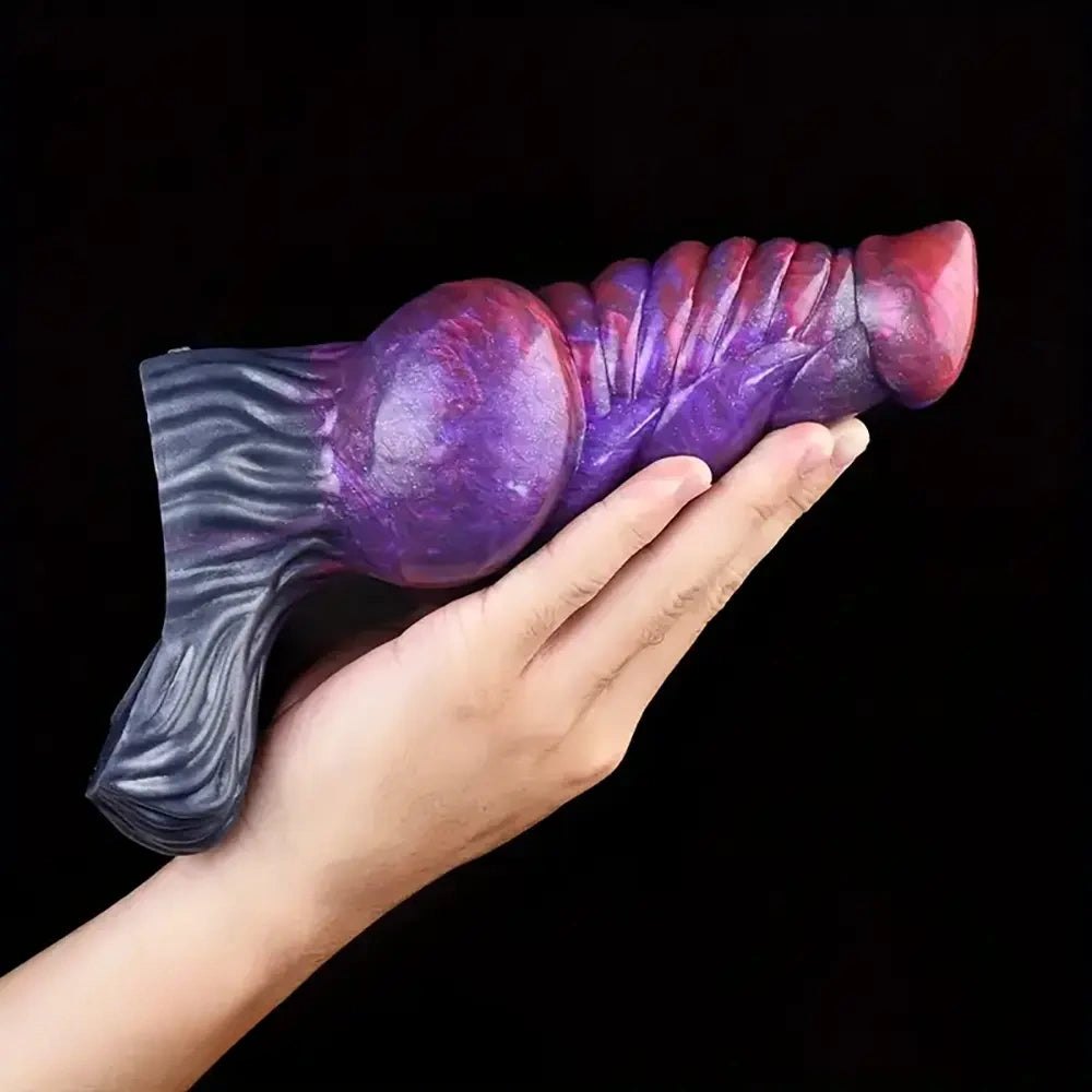 Purple and grey ribbed fantasy silicone dildo, photo 8