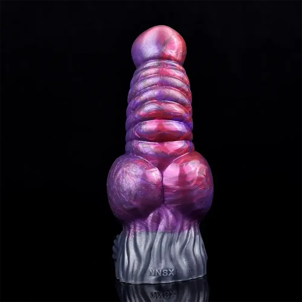 Purple and grey ribbed fantasy silicone dildo, photo 9