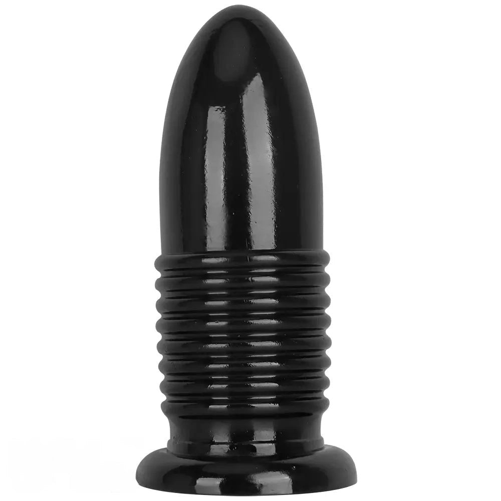 Black ribbed PVC anal plug with suction cup base, photo 1